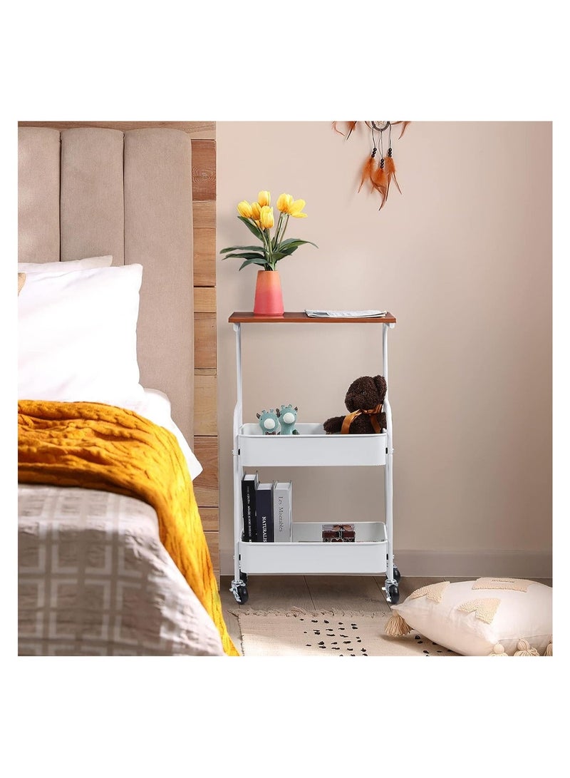 اكسيسن رفوف متحركة منظمة عربة معدنية ، مع طاولة خشبية ، منظمة تخزين متعددة الوظائف  عربة تخزين مطبقية مطبخ طاوله وعربه للمطبخ والحمام وغرفة المعيشة والمكتب (بيضاء) - Image 4